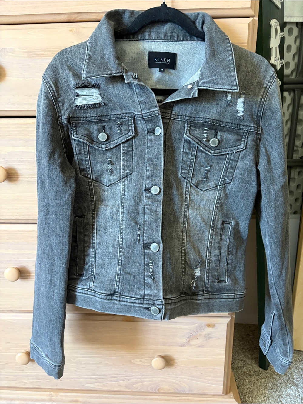 Kisen Women's Washed Grey Distressed Denim Jacket